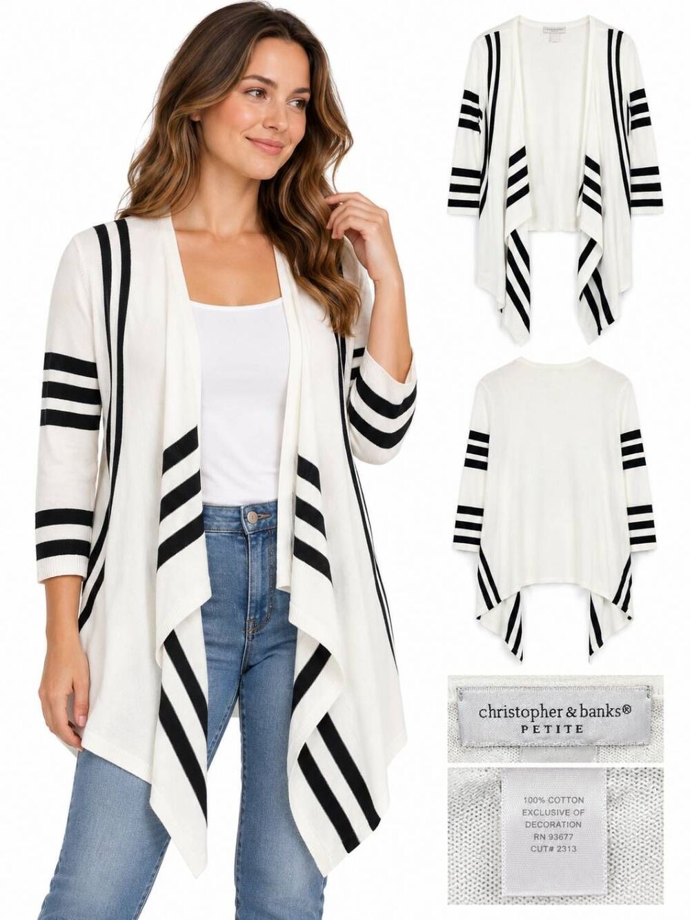 Christopher & Banks L Petite Striped Waterfall Cardigan
